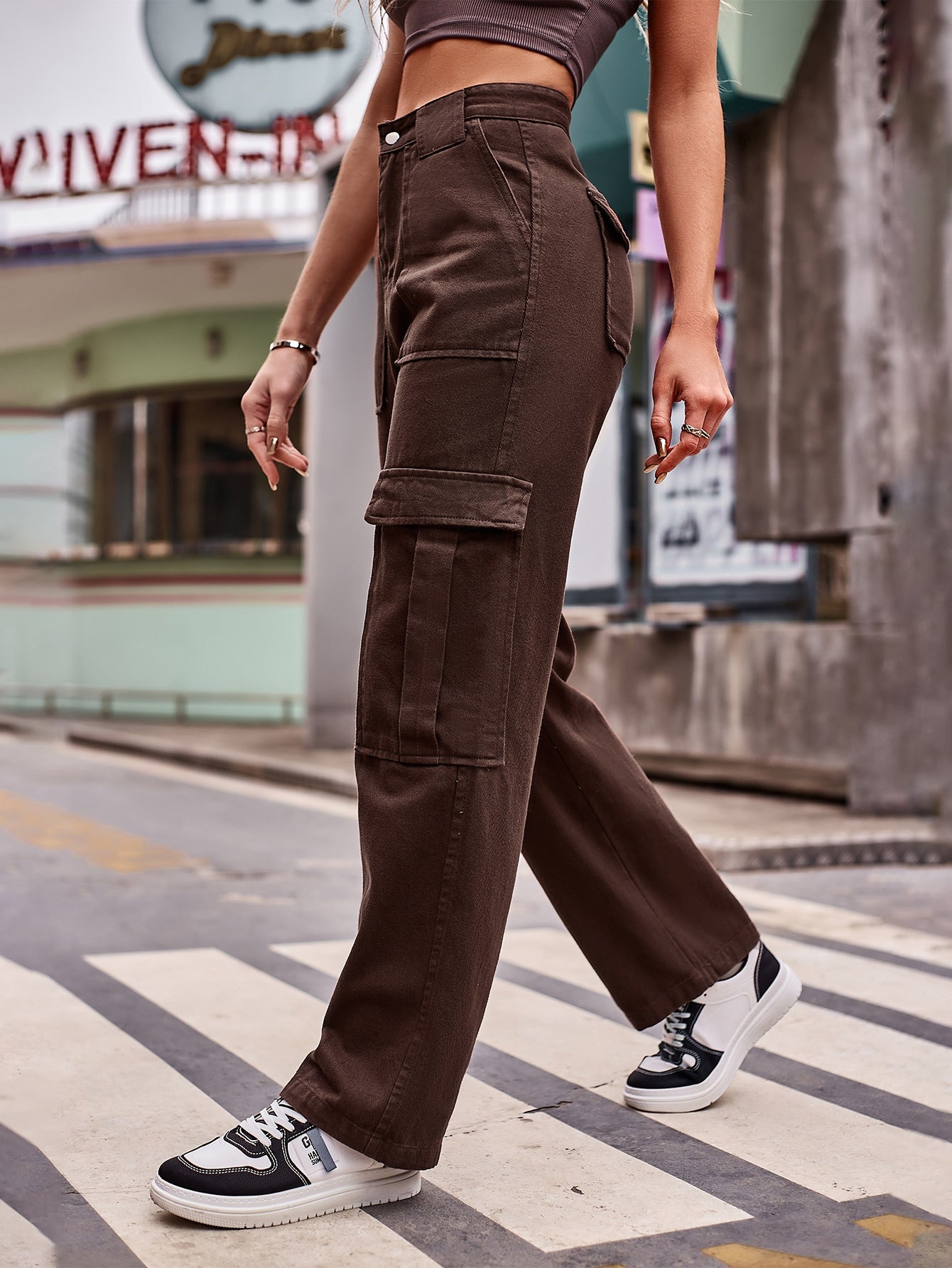 High Waisted Cargo Denim Jeans