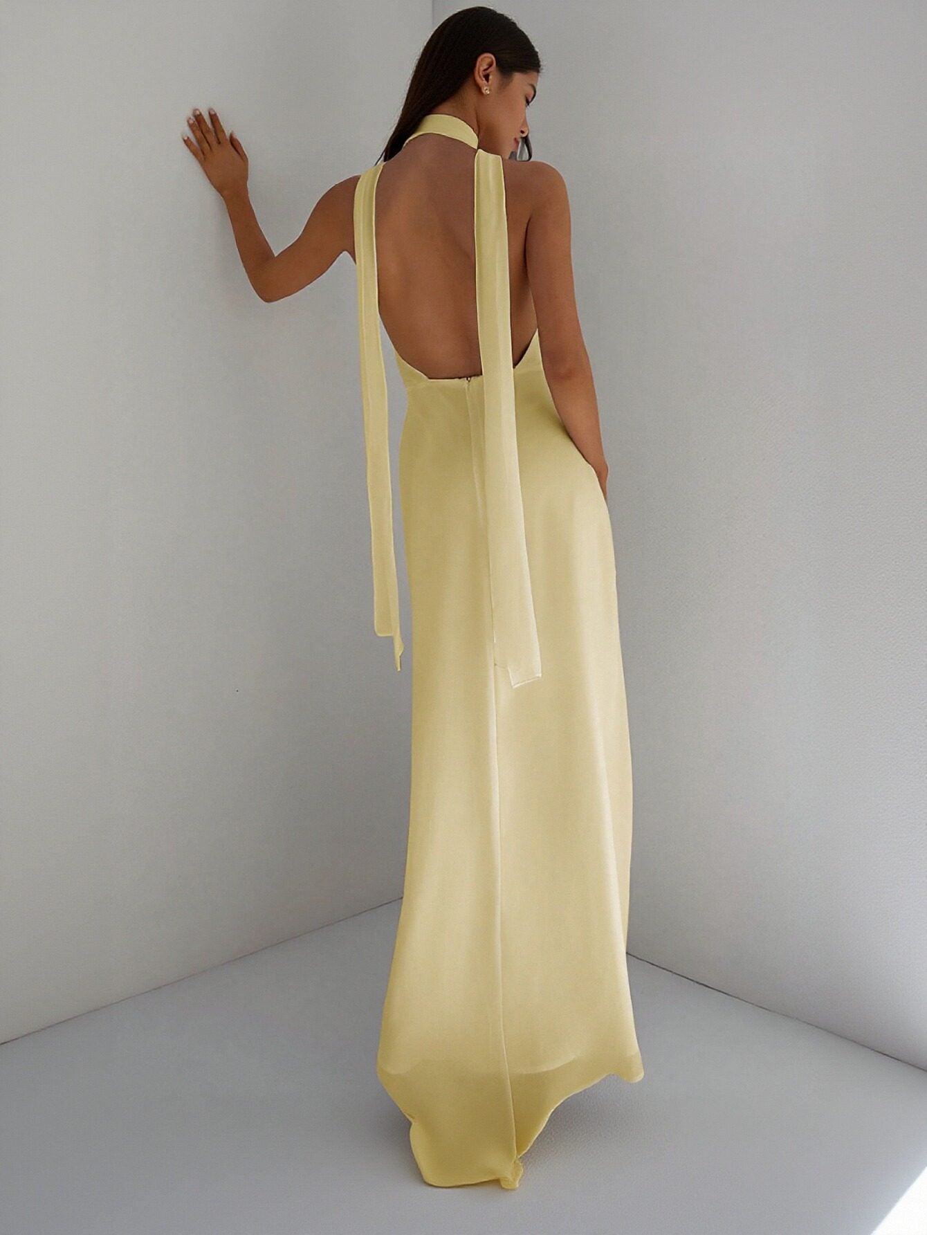 Halter High-Slit Ruched Sexy Evening Dress-Yellow