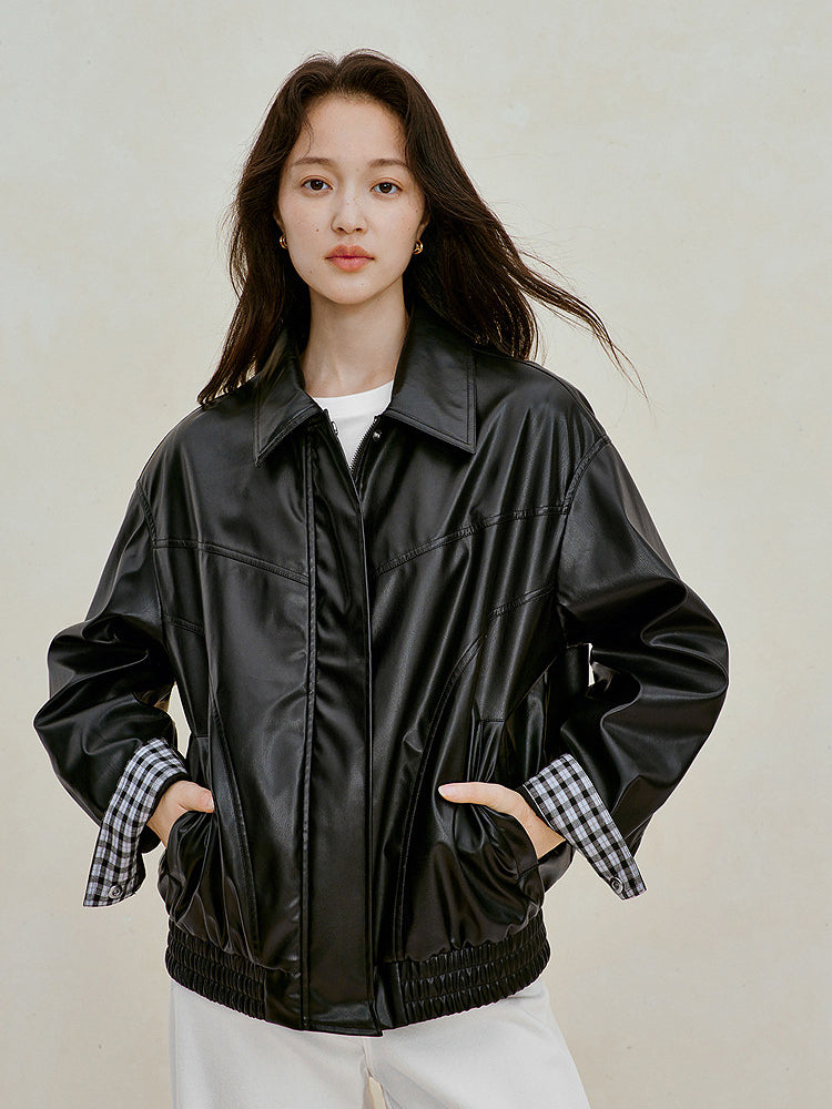 Glossy Faux Leather Bomber Jacket