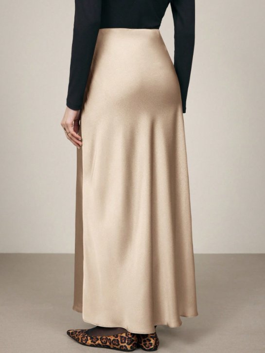 Draped Silky Loose Fit Elegant Maxi Skirt-Glod