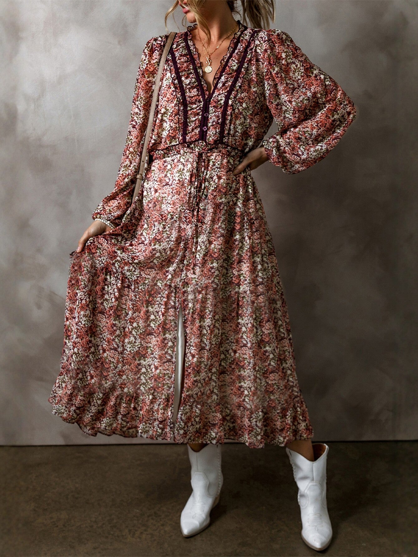 Long Sleeve Floral Print Midi Dress