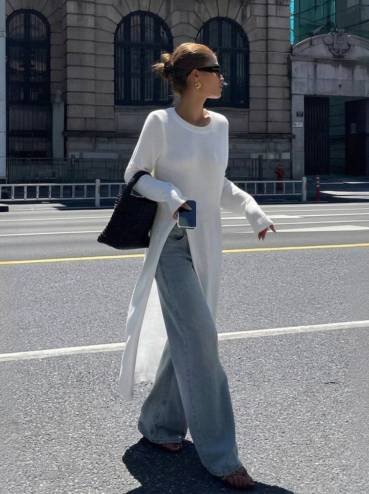 Ribbed Slit Hem Knit Sweater Dress