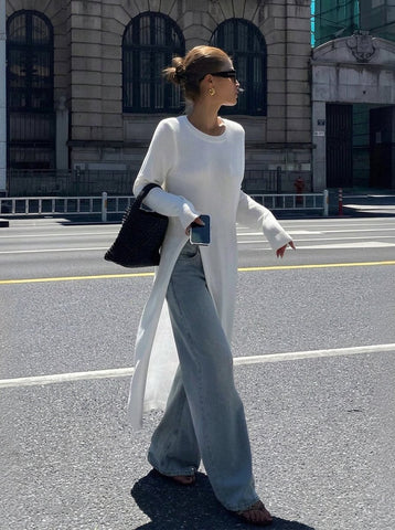 Ribbed Slit Hem Knit Sweater Dress