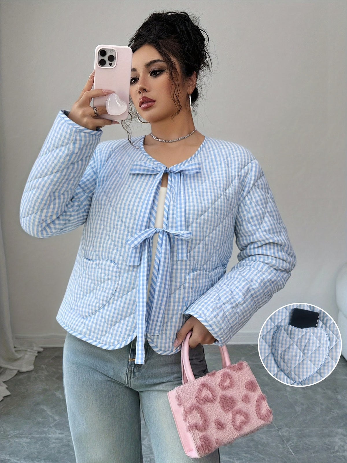 Quilted Gingham Tie Front Jacket