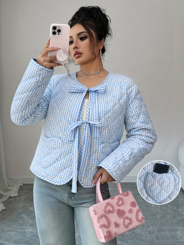 Quilted Gingham Tie Front Jacket