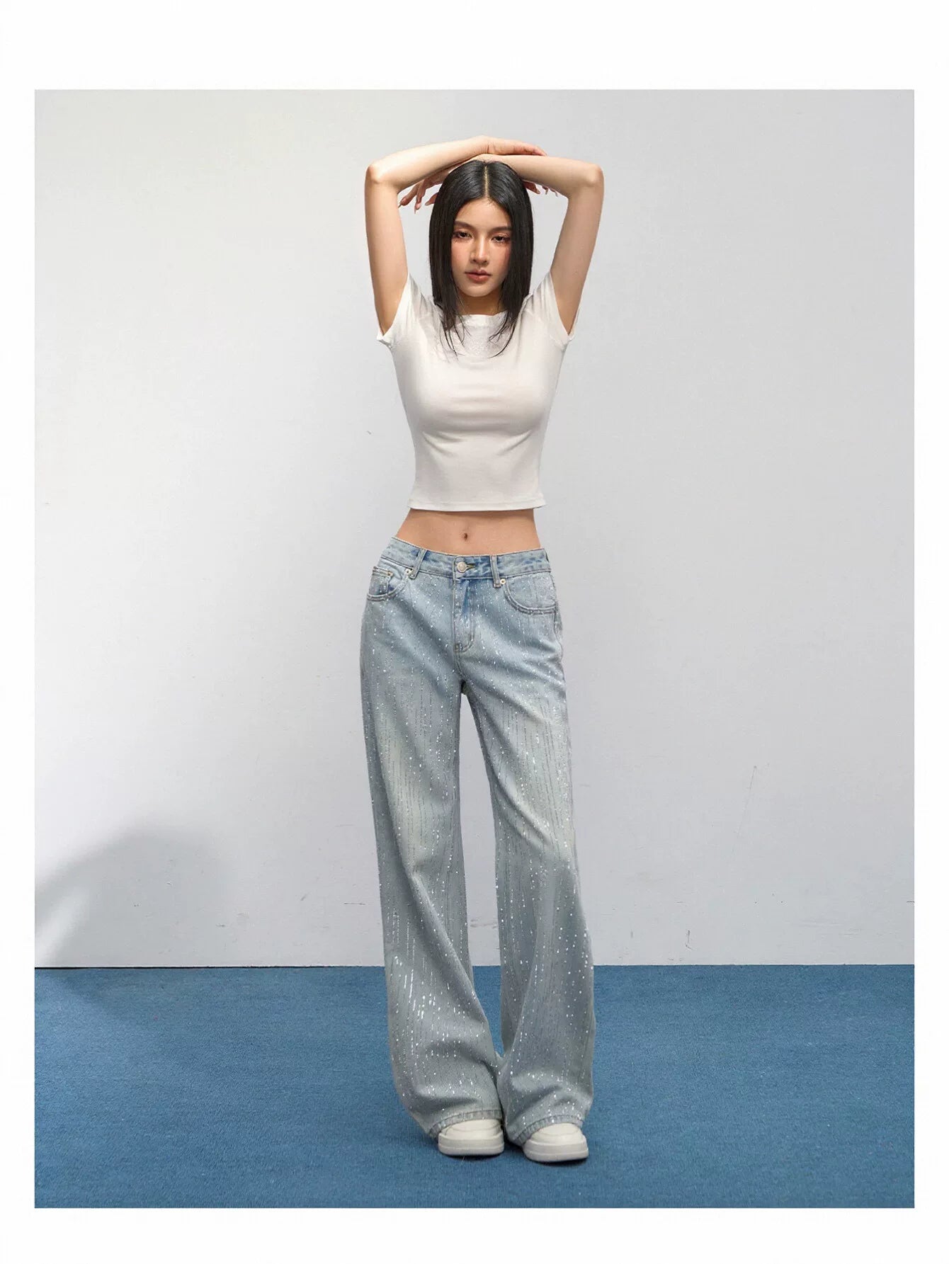 Sparkly Rhinestone High Waisted Wide Leg Jeans