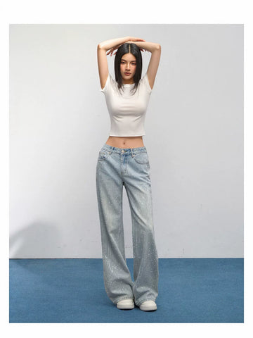 Sparkly Rhinestone High Waisted Wide Leg Jeans