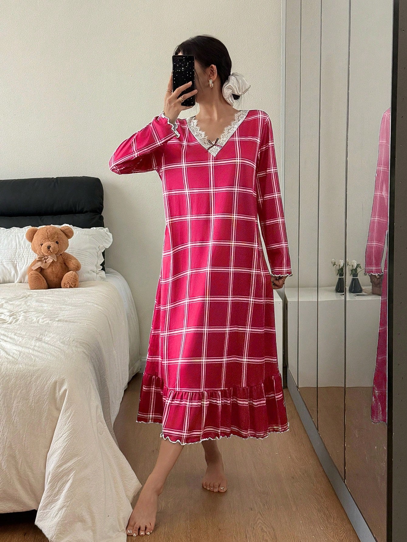 Cozy Plaid Lace Trim Nightgown