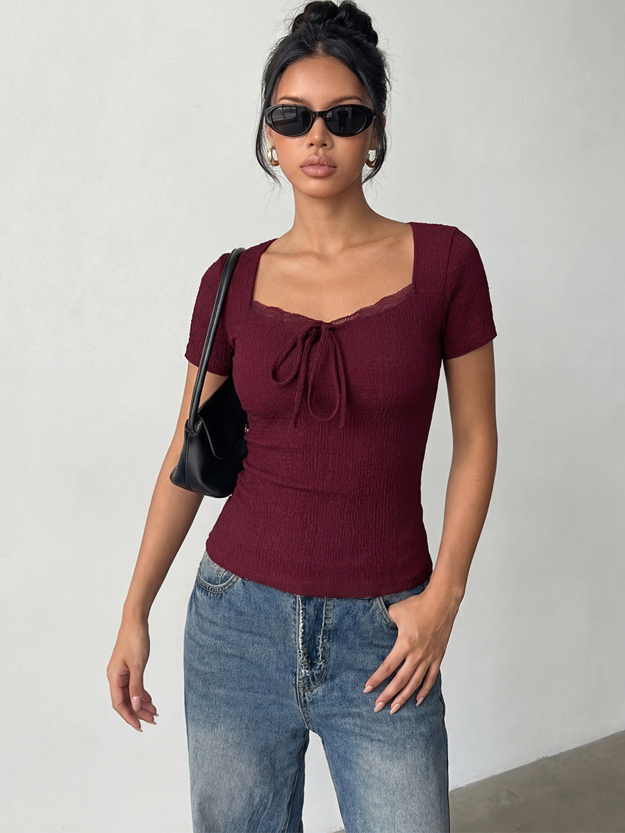Smocked Lace Trim Tie Front T-Shirt