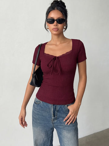 Smocked Lace Trim Tie Front T-Shirt