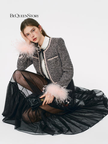 Feather Trim Tweed Cropped Jacket