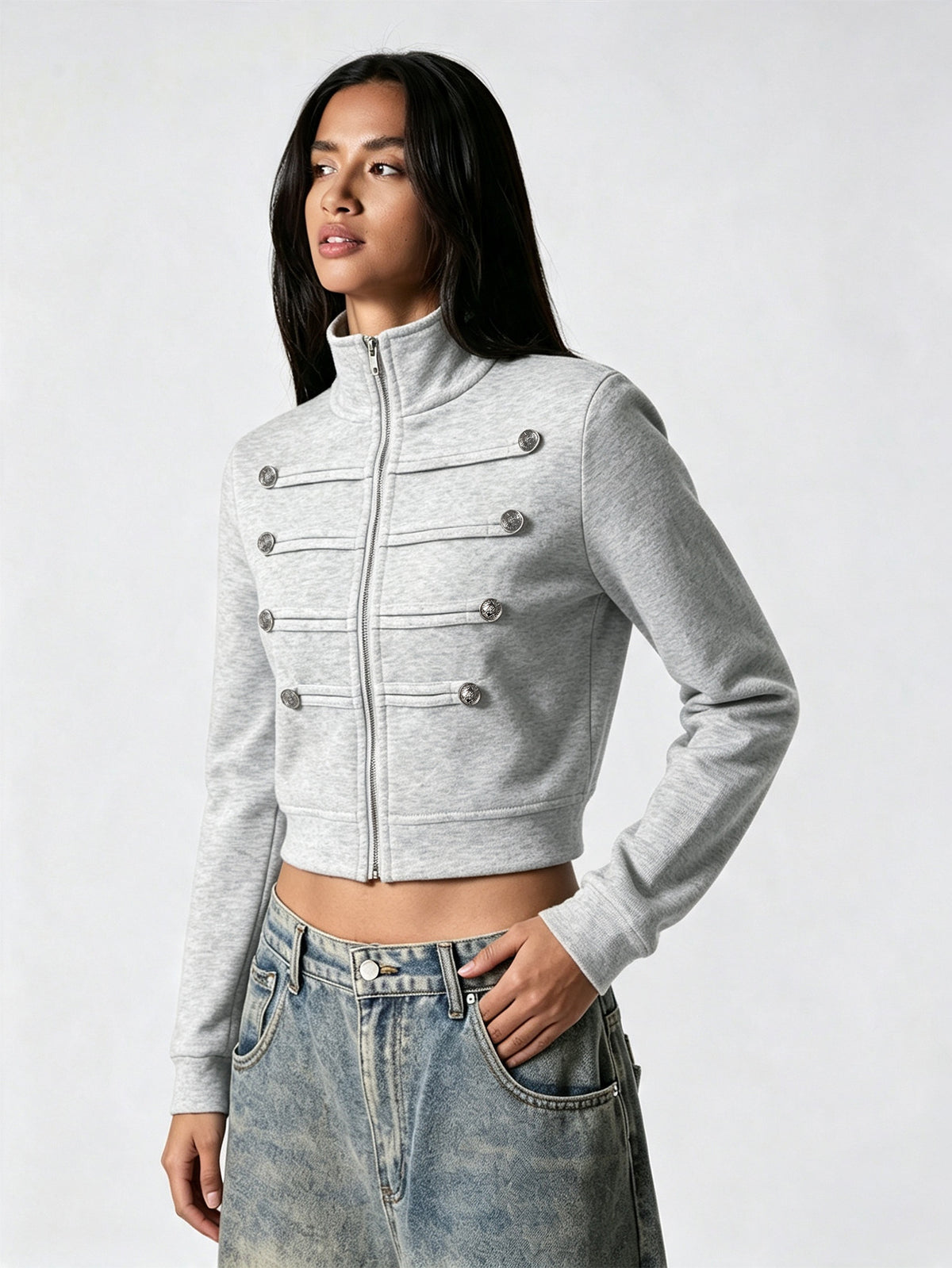 Cropped Military Style Zip Up Jacket