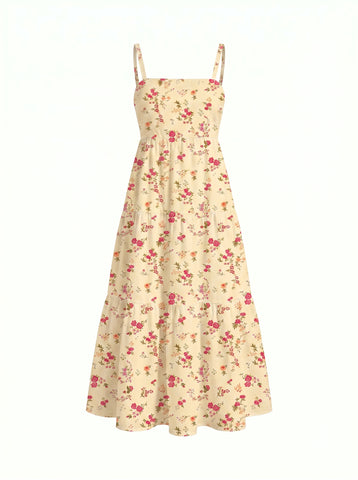 FLORA Floral Print Tiered Strap Midi Dress