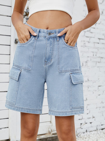 High Waisted Cargo Denim Shorts