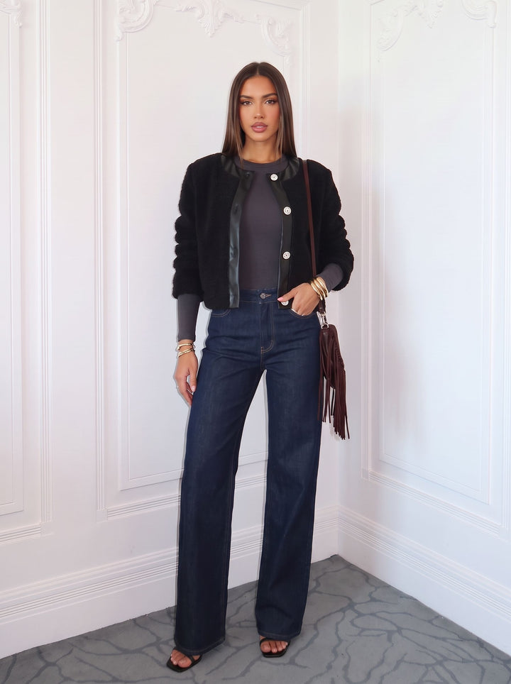 Faux Leather Trim Teddy Jacket
