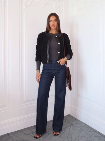 Faux Leather Trim Teddy Jacket