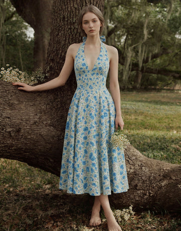 AURELIA Floral Print Halter Neck Tie Back Midi Dress