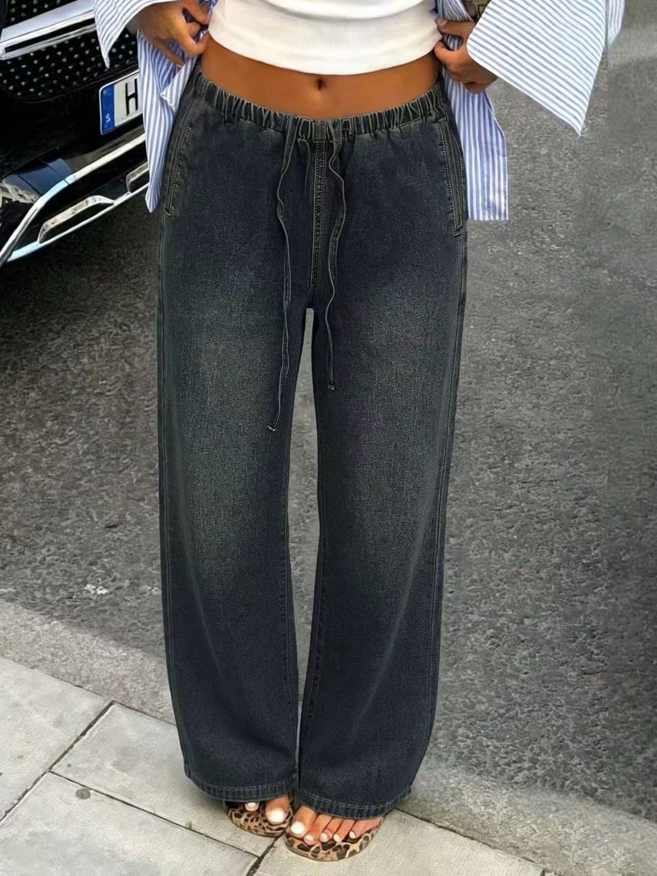 High Waisted Drawstring Wide Leg Jeans