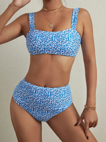Blue Leopard High Waisted Bikini Set