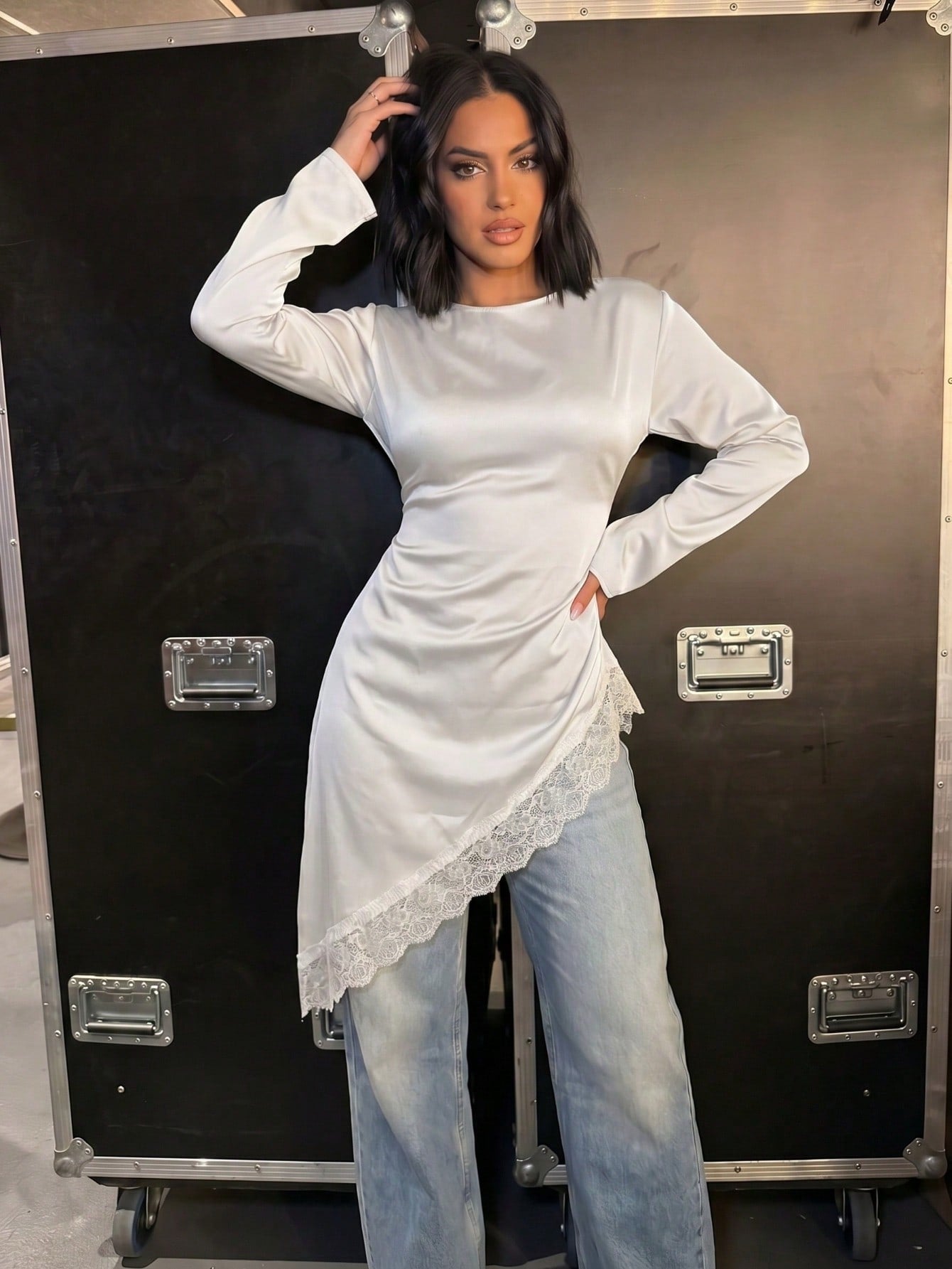 Asymmetric Lace Trim Long Sleeve Dress