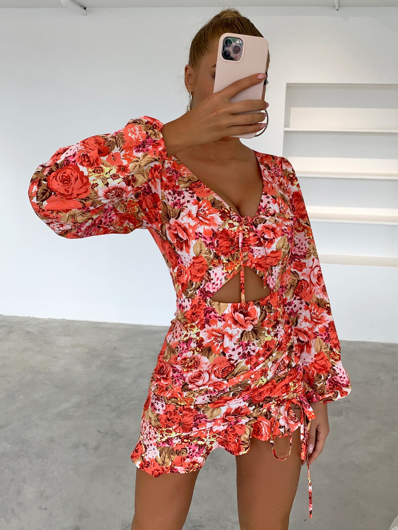 Floral Print Puff Sleeve Cutout Party Mini Dress