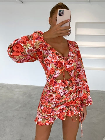Floral Print Puff Sleeve Cutout Party Mini Dress