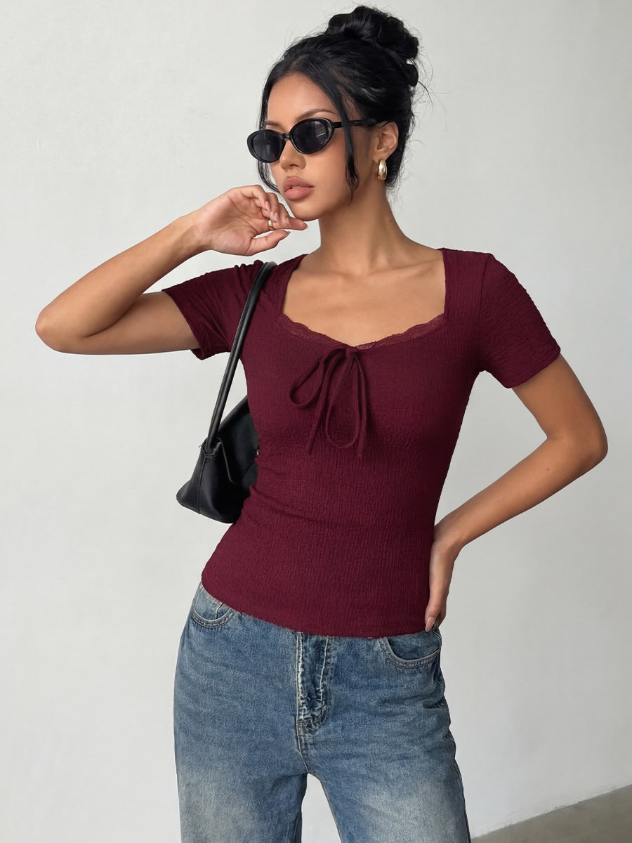 Smocked Lace Trim Tie Front T-Shirt
