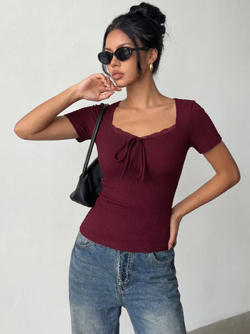 Smocked Lace Trim Tie Front T-Shirt