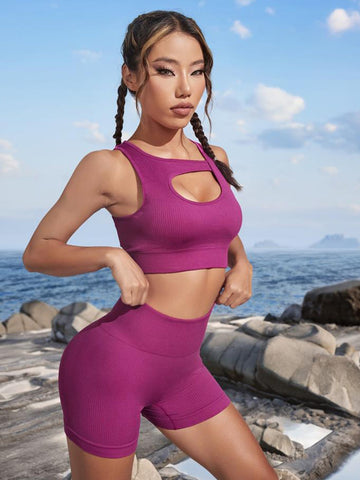 Seamless Ribbed Cutout Yoga Short Set