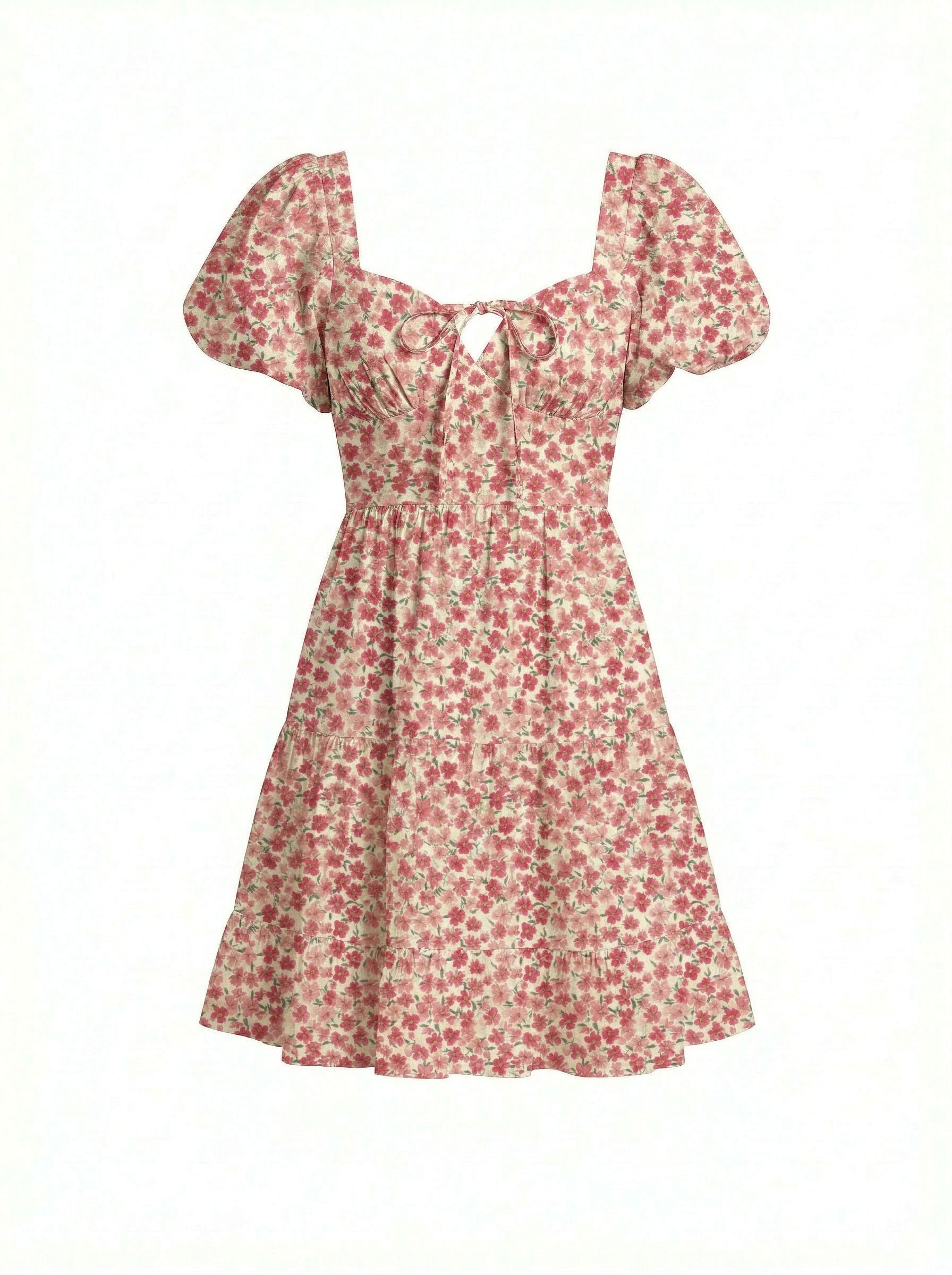 AYLA Floral Print Puff Sleeve Tiered Mini Dress