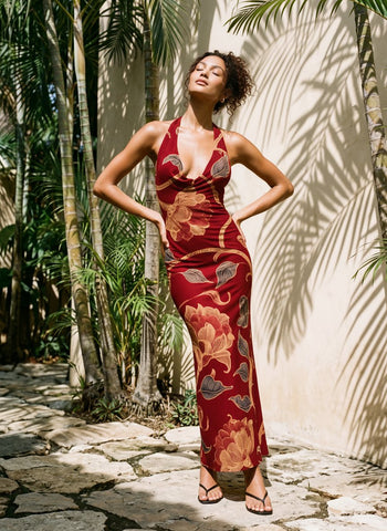 LILA Floral Print Cowl Neck Bodycon Midi Dress