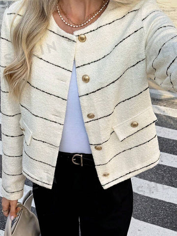 Elegant Striped Tweed Button Jacket