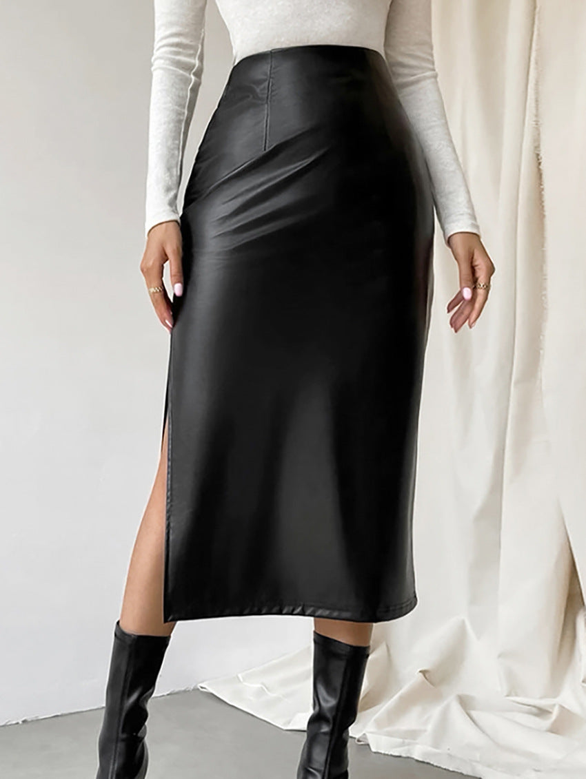 High Slit Faux Leather Midi Skirt
