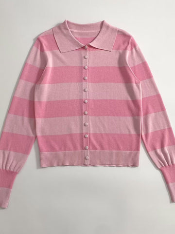 Cute Striped Collared Knit Cardigan