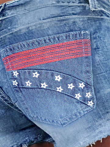 Star-Embroidery Frayed Vintage Denim Shorts-Blue