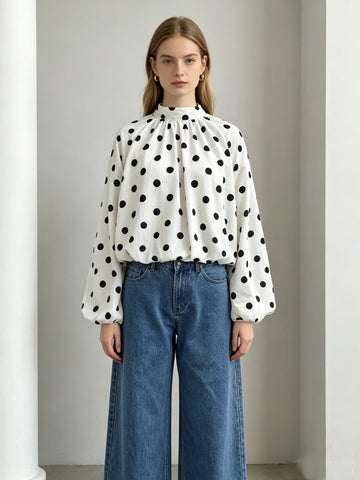 Polka Dot Balloon Sleeve Chiffon Blouse