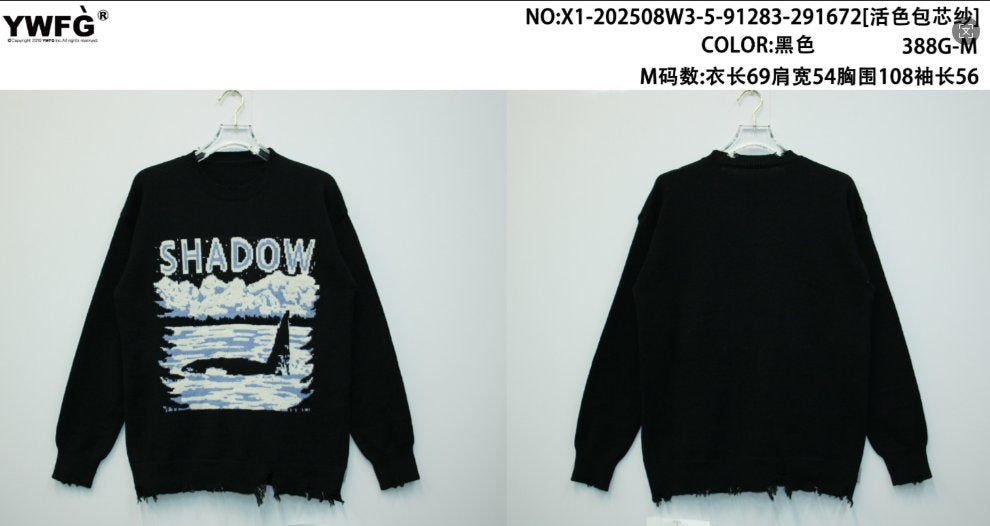 Oversized Graphic Distressed Knit Pullover Sweater