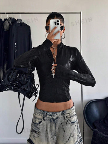 Cropped Faux Leather Zip Jacket