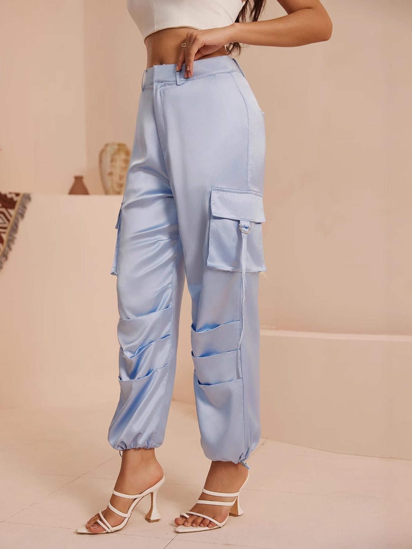 Utility Pocket Drawstring-Cargo Pants-Light Blue