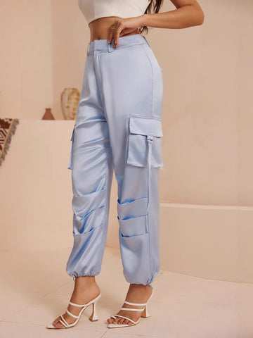 Utility Pocket Drawstring-Cargo Pants-Light Blue
