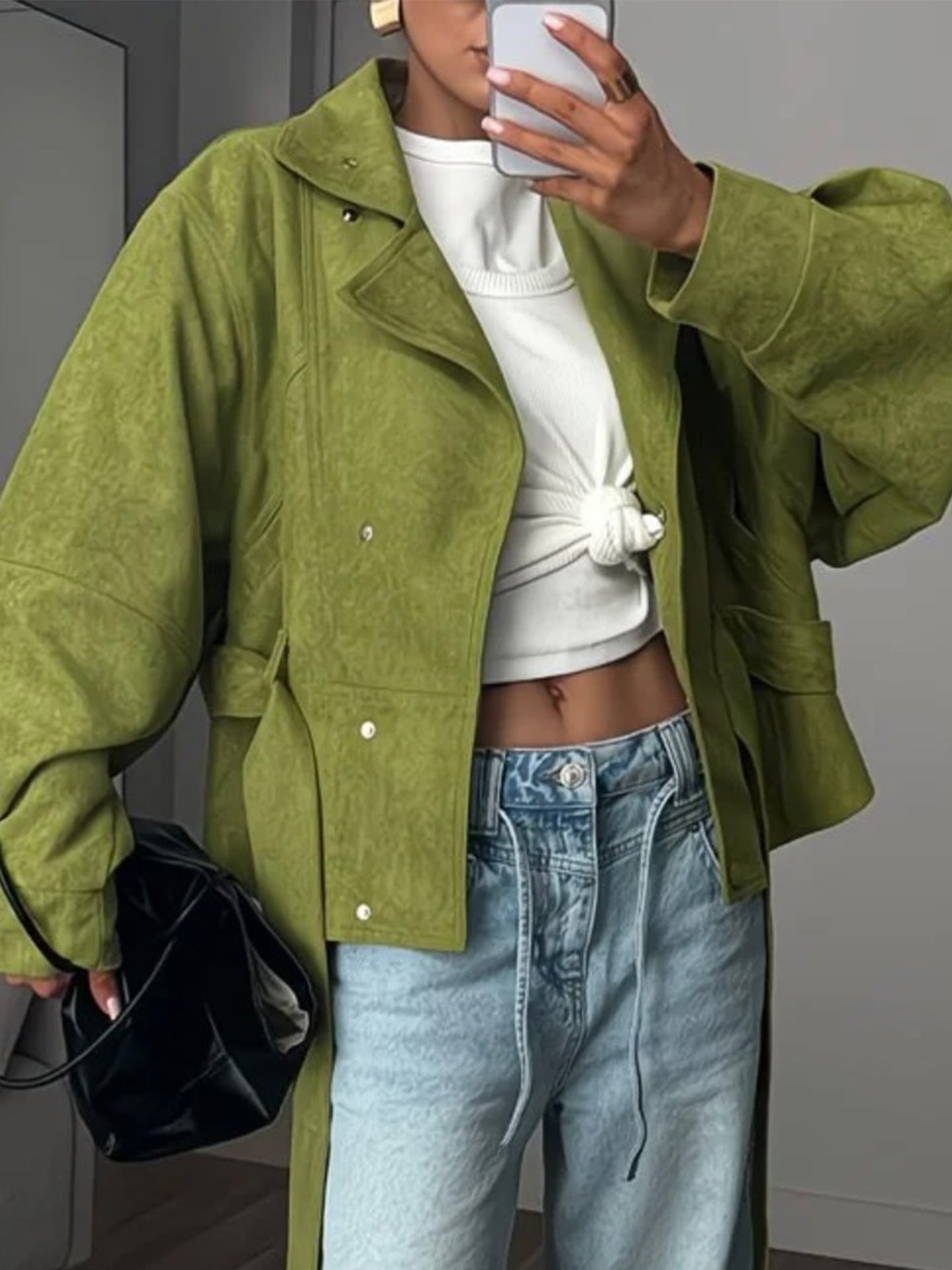 Oversized Belted Suede Moto Jacket