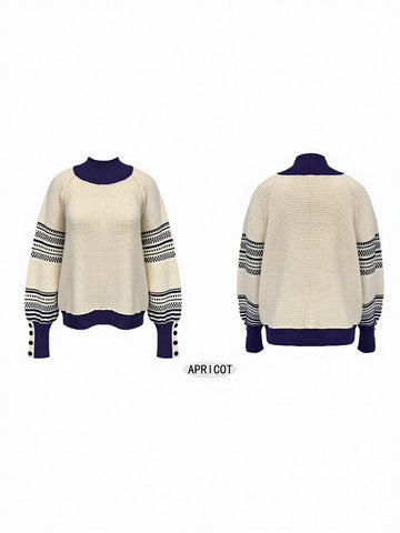 Oversized Button Cuff Thermal Pullover Sweater