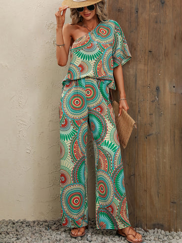 Boho Print One Shoulder Pants Set