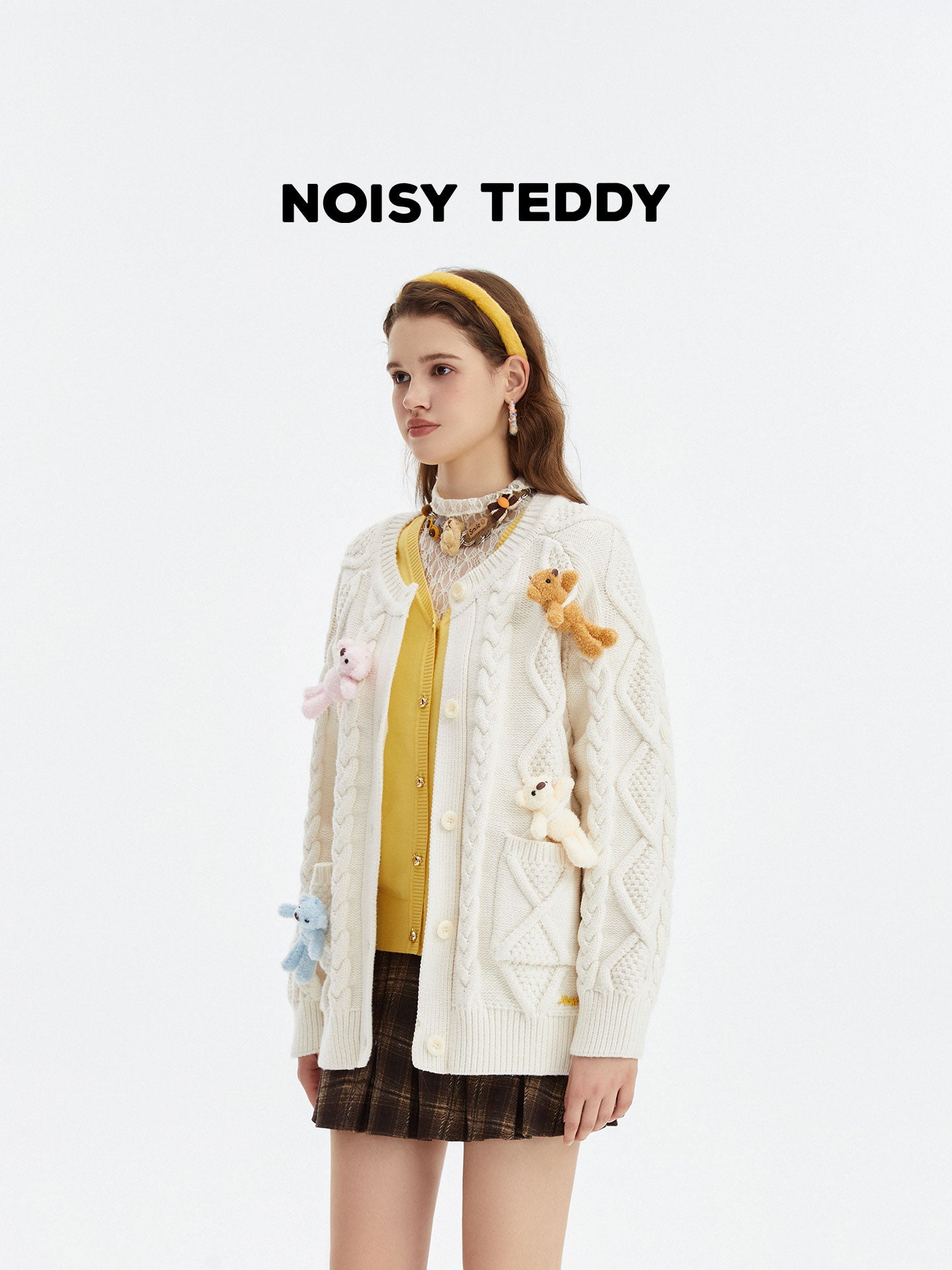 Cute Bear Applique Cable Knit Cardigan