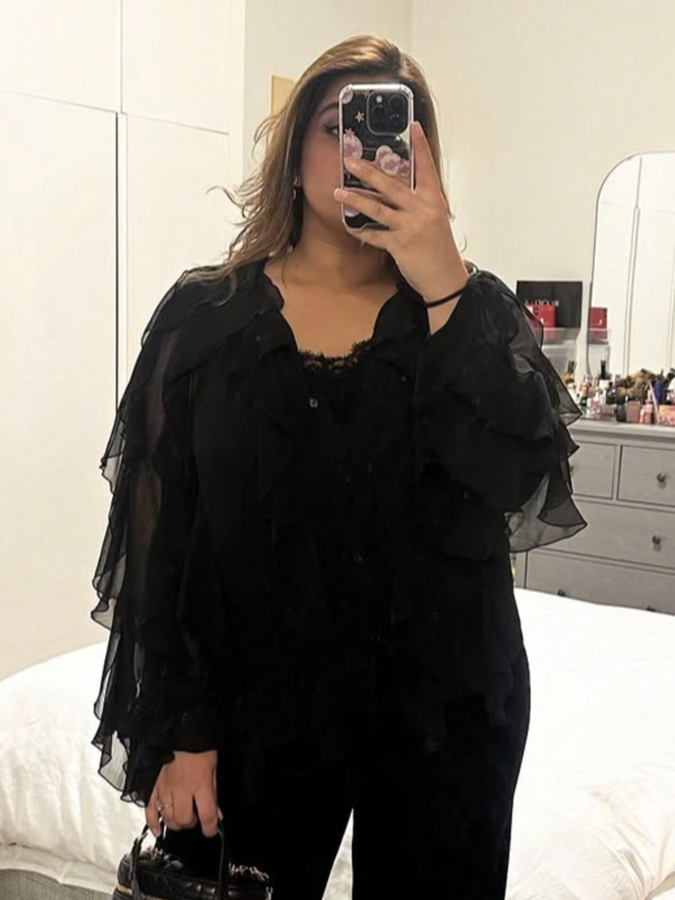 Sheer Ruffle Trim Button Down Blouse