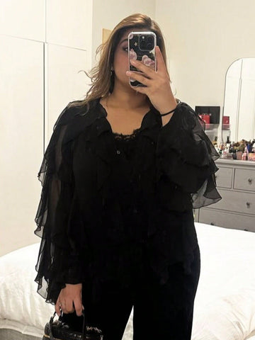 Sheer Ruffle Trim Button Down Blouse