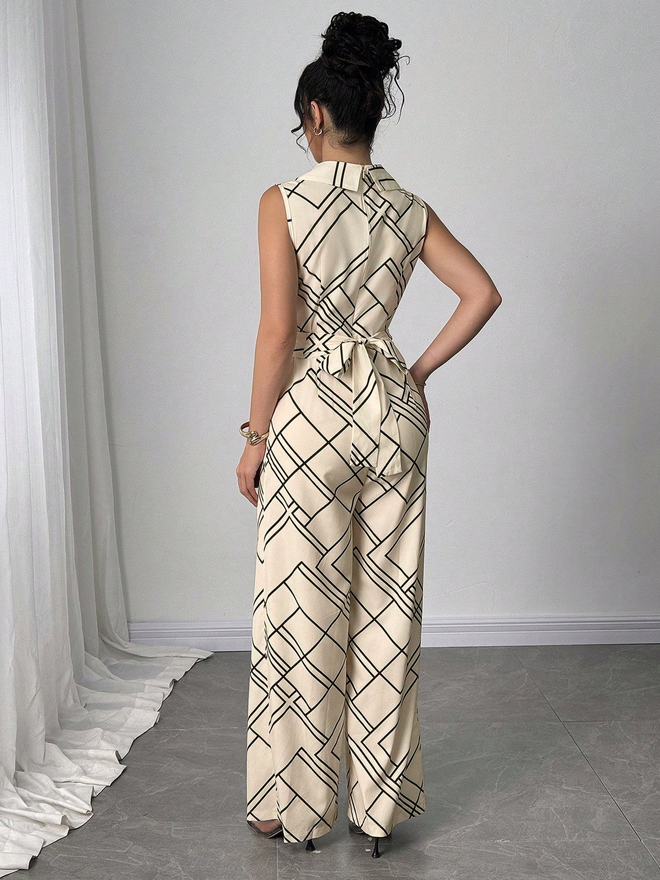 Blazer-Collar Wide-Leg Office Chic Jumpsuit-Apricot