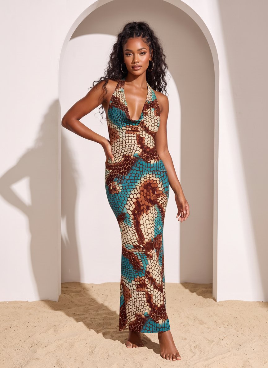 LILA Turquoise Snakeskin Print Cowl Neck Bodycon Maxi Dress
