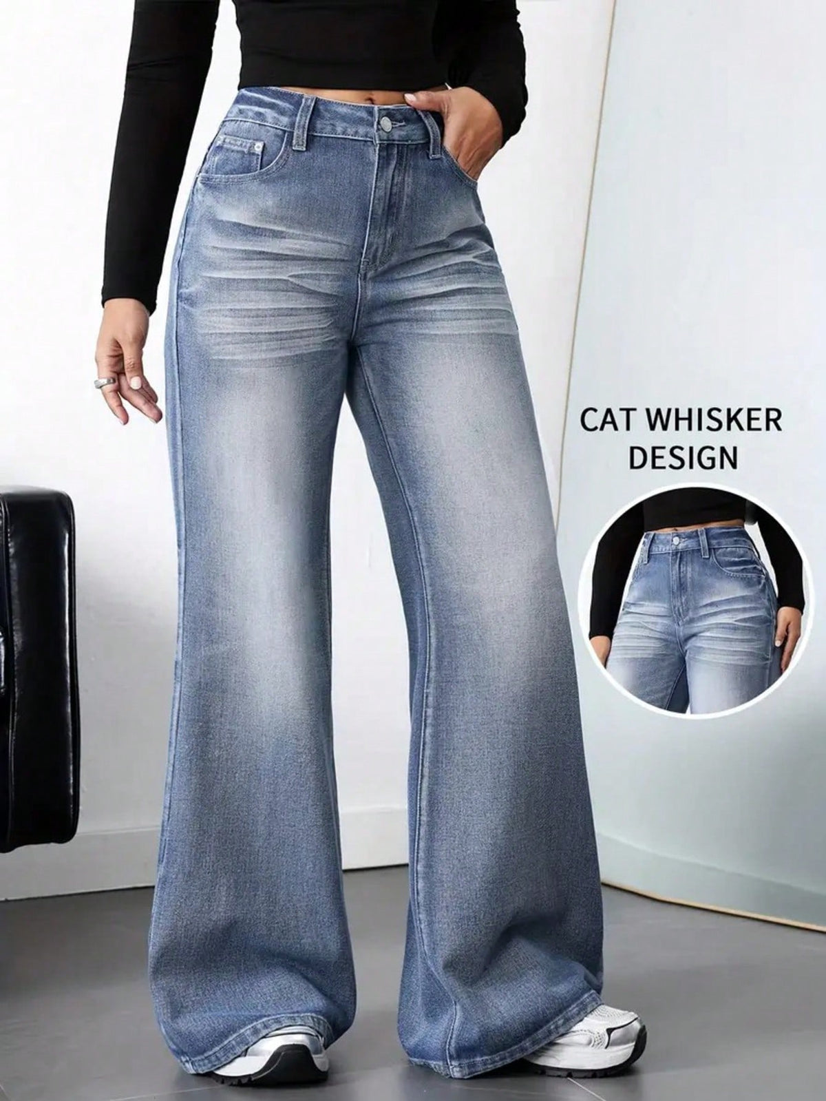 High Waisted Vintage Wash Wide Leg Jeans