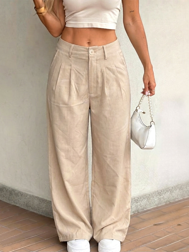 High Waisted Pleated Linen Trousers